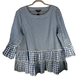Ali Miles Blouse Size XL Navy Blue Gingham Blouse tiered peplum 3/4 bell sleeve